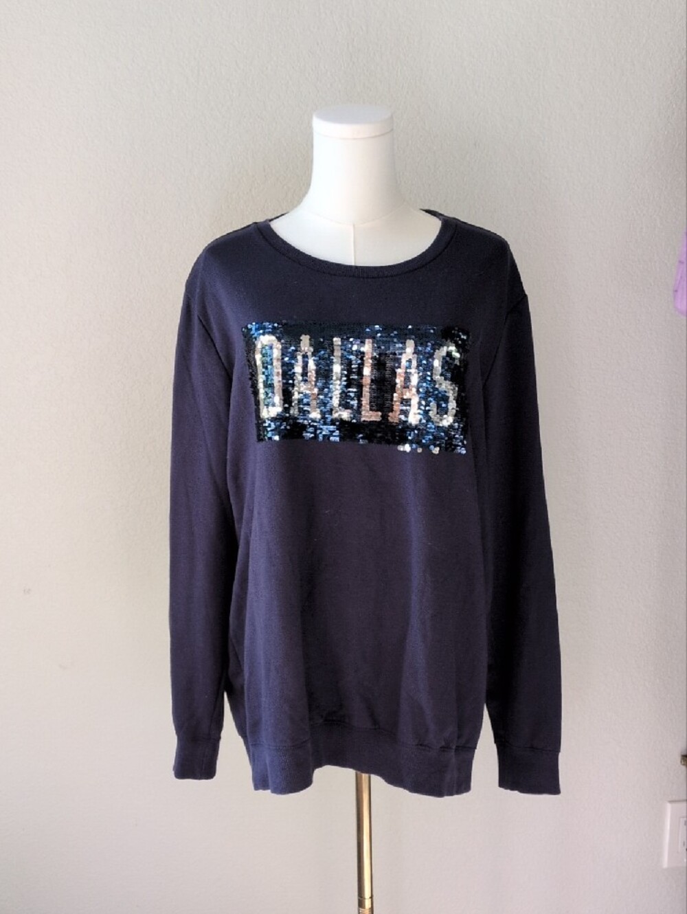 Navy Blue "DALLAS" Sequin Graphic Crewneck Sweatshirt - Picture 2 of 4